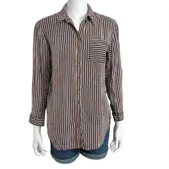 Maeve Anthropologie Adelaide Navy Blue Red Striped Poplin Button Up Shirt Small - Picture 12 of 16